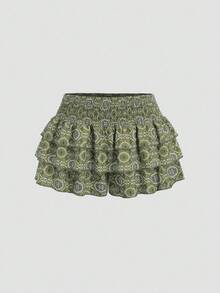 Sweetra Women's Fashion Multi-Layer Ruffle Floral Print Culottes - Olive Green - View 1