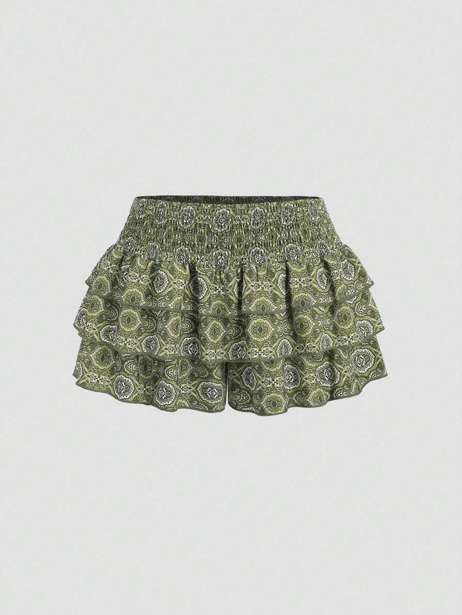 Sweetra Women's Fashion Multi-Layer Ruffle Floral Print Culottes - Olive Green - View 1