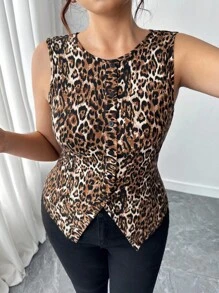 Elenzga Camiseta de tirantes con cuello redondo y bajo asimétrico con estampado de leopardo para tallas grandes - Marrón - Ver 7