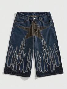 ROMWE MEN Street Life Pantalones cortos de hombre con decoración de estrella de cinco puntas y llama de strass, adecuados para el uso diario en primavera/verano - Bronce - Ver 1
