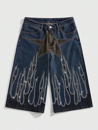 Street Life Short 3/4 pour hommes avec décoration de strass en forme d'étoile à cinq branches et de flamme, convient pour le port quotidien au printemps/été