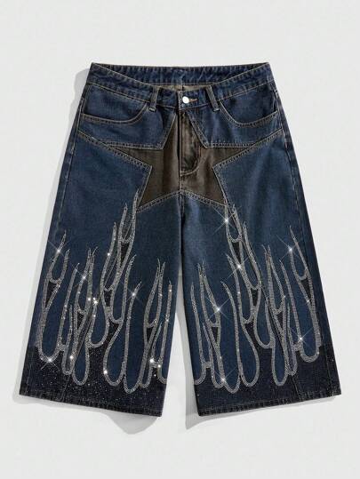 Street Life Pantalones cortos de hombre con decoración de estrella de cinco puntas y llama de strass, adecuados para el uso diario en primavera/verano