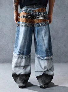 ROMWE MEN Street Life Jeans décontractés à jambes larges et coupe ample pour hommes avec design de ceinture - Bleu azur - Voir 3