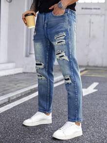 Manfinity LEGND Plus Size Men's Street Fashion Casual Patchwork Ripped Straight Slim Fit Blue Jeans - Medium Wash - View 3