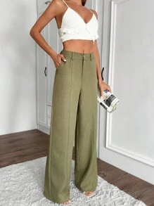 EURMUSE 女士纯色斜口袋休闲阔腿裤 - 卡其色 - 查看 5