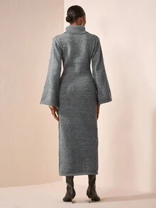 Zivah 2025 Herbst/Winter Neuerscheinung, Musikfestival, Abschlussfeier Saison, College Stil, Studentenmode, Alltags Lässig, Urlaub, Strand, Streetwear, Pendler Elegant, Outfit für Lehrerinnen, gehäkeltes grau meliertes Langarmkleid mit Schlitz an der Seite & weiten Ärmeln - Grau - Übersicht 3