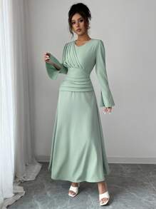 Elenzga Vestido elegante de mujer con diseño plisado y mangas acampanadas de unicolor