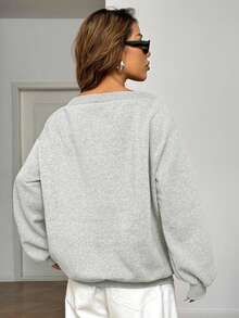 SHEIN EZwear Áo nỉ vai chéo dáng rộng dành cho nữ có lớp lót giữ nhiệt, màu xám nhạt, mùa thu/đông - Màu Xám nhạt - Xem 2