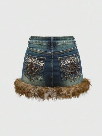 Fairycore Große Größen Leoparden-Muster Stickerei + Strass Patchwork Kunstpelz Jeans Mini Rock