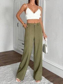 EURMUSE 女士纯色斜口袋休闲阔腿裤 - 卡其色 - 查看 6