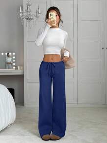 EURMUSE Women's Casual Solid Color Drawstring Waist Ribbed Knit Pants,Burgundy Trousers - Royal Blue - View 4
