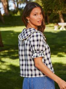 WESTFADE قميص مقصر بأكمام قصيرة منتفخة، زر إلى ملابس علوية، مزين بطيات وطبعات مطرزة