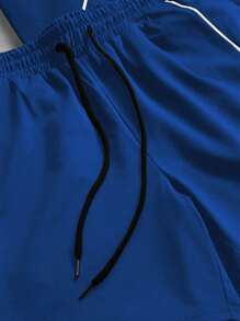 PAVTROS 男士字母印花圆领短袖休闲T恤和抽绳腰短裤运动套装男两件套男运动套装篮球服运动服训练服 - 藍色 - 查看 5