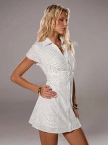 TRNVIE 女式简约波尔卡圆点印花翻领收腰喇叭下摆连衣裙，适合春夏季返校季