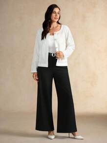 Flouryn Jaket Putih Wanita Ukuran Besar dengan Leher Bulat, Lengan Raglan, Kancing Tunggal, dan Patchwork Renda, Jaket Kasual Kantor Elegan untuk Musim Gugur - Putih - View 5