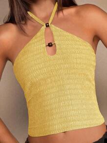 Glamine 棕色无袖针织吊带背心，带木珠纹理，性感优雅女式背心，秋季女装返校季 - 黃色 - 查看 7