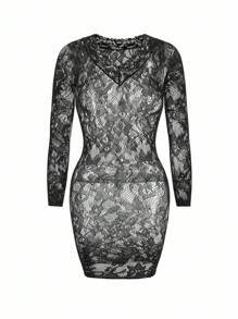 SHEIN 黑色 V 领网眼连衣裙，长袖和蕾丝细节，修身蕾丝内衣，透视连衣裙，紧身内衣，外出 - 黑色 - 查看 4