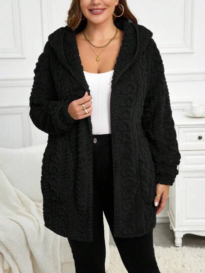 SHEIN LUNE Büyük Beden Kadınlar Günlük Düz Renk Polar Kapüşonlu Ceket, Sonbahar/Kış Siyah Hırka Kadın Siyah Hırka Kazak Kapüşonlu Hırka Kadın Tüylü Hırka Büyük Beden Siyah Hırka Tüylü Hırka Kadın, Kadınlar İçin Sonbahar Giysileri