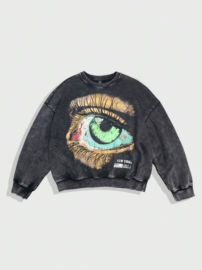 Street Life Men's Letter & Eye Print Crew Neck Long Sleeve Casual Pullover Sweatshirt