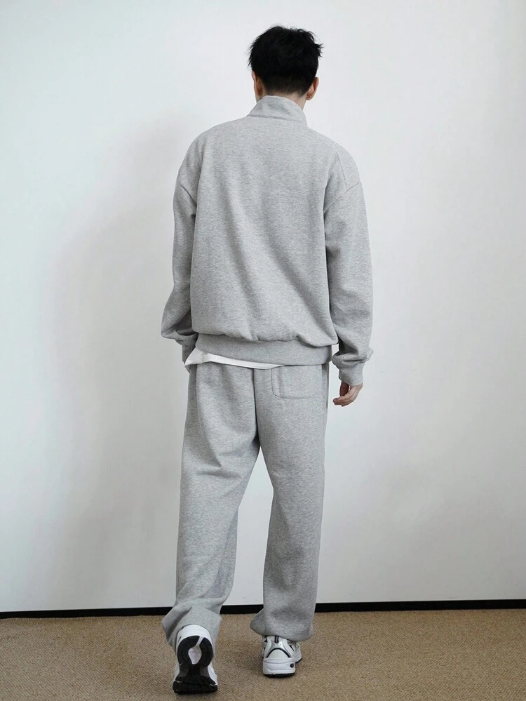 Men's Solid Color Long Sleeve Zip Tracksuit Pullover And Loose Fit Sweatpants Set, Autumn, Cozy Outfits