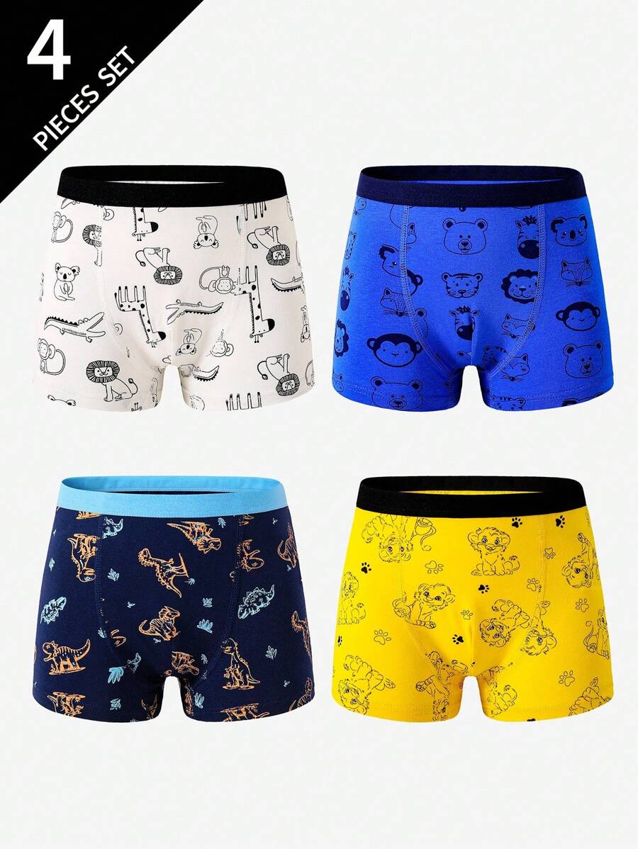 4 件套小男孩恐龙图案印花内裤，柔软棉质图案平角裤，返校时尚