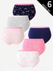 Sparklyn 6pcs/Set Girls' Cotton Cute Heart, Bow, Star, Plaid Print Panties, Underwear Kids Panties Panties 6 Piece Set,Backto SchoolFashion Fall Winter