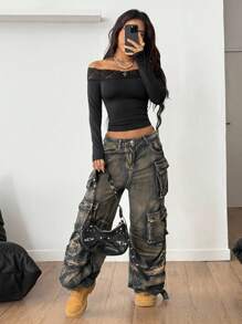 Coolane Áo trễ vai tay dài màu đen, họa tiết chéo, phối ren, phù hợp mọi mùa, lễ hội âm nhạc Goth Witchy dành cho nữ - màu đen - Xem 7