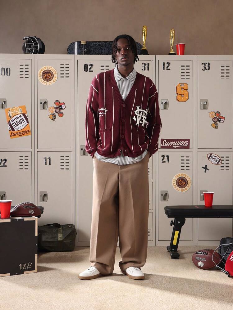 Varsity Letter Knit Cardigan With Striped Pattern