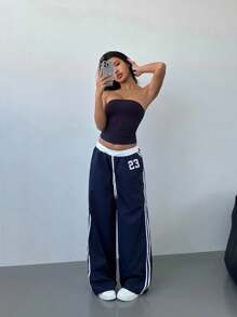 Aloruh Autumn Sports Striped Contrast Color Numeric Print Low Waist Straight Leg Drawstring Women's Pants, Back To School, Street Wear, Y2K Chic Autumn Long Pants Women's Sportswear, Y2K Casual Sporty Digital Print Trousers, Perfect For Coachella And Summer Music Festivals. - Navy Blue - View 7