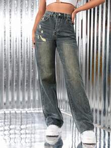 SHEIN ICON Jeans en denim décontractés, droits et amples pour femmes - Jean bleu - Voir 1