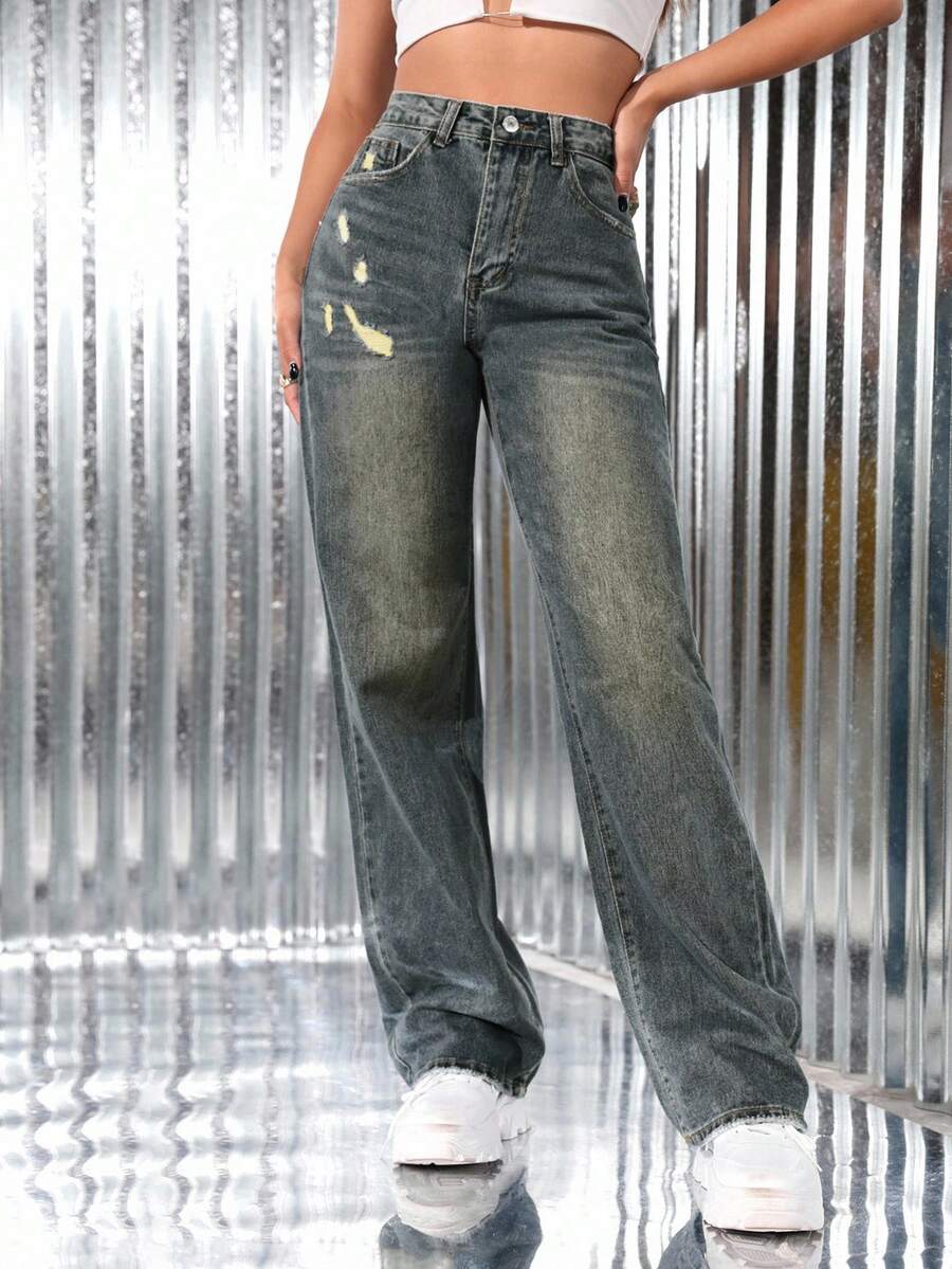 SHEIN ICON Jeans en denim décontractés, droits et amples pour femmes - Jean bleu - Voir 1