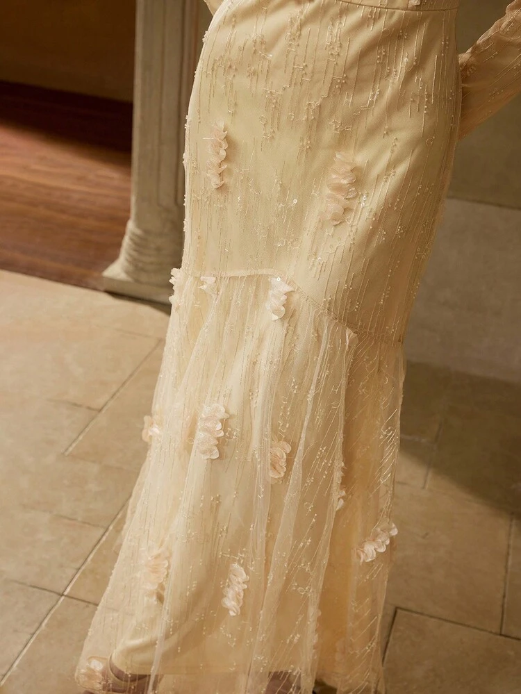 WOMEN'S MESH FABRIC STEREO FLOWER SEQUINS EMBROIDERED MERMAID HEM LIGHT COCKTAIL DRESS