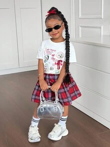 Young Girl 2pcs Set: Knitted Crew Neck T-Shirt & Plaid Skirt