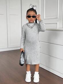 SHEIN Váy dài tay ôm dáng tối giản màu xám dễ thương cho bé gái, mùa thu/đông - Xám - Xem 3