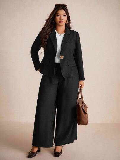 Elaquor Plus Size Elegant Minimalist Fashion Urban Office Commute Versatile Black Tweed Metal Button Women Blazer In Fall/Winter