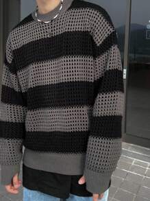 DAZY 男士圆领长袖拼色毛衣，秋季 - 灰色 - 查看 4