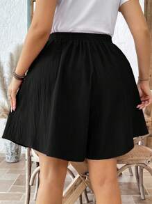 SHEIN LUNE Plus Size Women's Solid Color Knotted Wide Leg Casual Loose Shorts Black Shorts Wide Leg Shorts Elastic Waist Shorts Black Skirt With Shorts Casual Shorts Shorts With Elastic Waist,Fall Clothes For Women