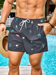 Palasendo Pantalones cortos de playa casuales con estampado y cordón para hombre, bañadores de playa, ropa de playa para hombre - Gris Oscuro - Ver 6