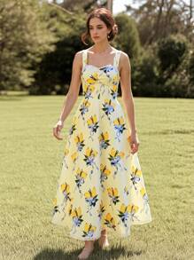 ÉTHER D'OR 女式撞色蕾丝花卉印花优雅长款吊带裙 - Butter Yellow - 查看 6