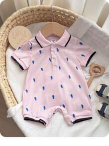 Baby Boy Feather Pattern Knit Soft Turndown Collar Short Sleeve Romper With Shorts - Dusty Pink - View 6