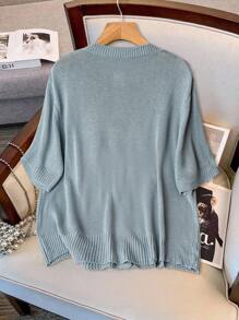 SHEIN Clasi 大码女式 3D 花朵纽扣前优雅短袖开衫，灰蓝色，秋季