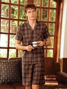 EverLounge Men Casual Plaid Woven Fabric Short Sleeve Top & Shorts Pajama Sets With Pocket Button Front Gentleman British Loungewear, Christmas - Green - View 6