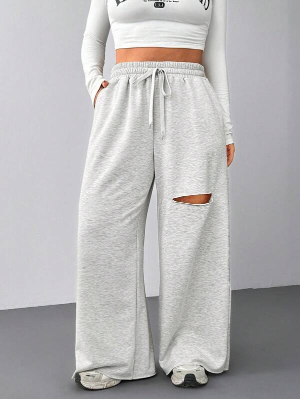 Comfortcana Plus Size Distressed Drawstring Waist Plain Casual Sweatpants