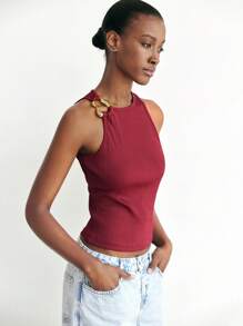 Maija Red Metal Decor Sleeveless Round Neck Fitted Women Tank Top, Minimalist Fashionable Sophisticated Urban Style, Essential Versatile Piece For Autumn/Winter, Halloween - Red - View 5