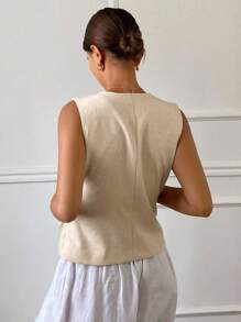 Livesso Áo khoác blazer vải lanh mùa hè không tay cổ chữ V ôm sát dành cho nữ, trang phục công sở mùa thu - trắng - Xem 2