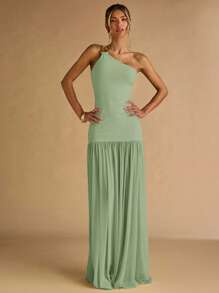 SHEIN BAE 女士杏色不对称肩部金属扣装饰紧身连衣裙，透明下摆，优雅 - 薄荷綠 - 查看 5