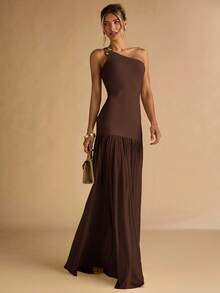 SHEIN BAE 女士杏色不对称肩部金属扣装饰紧身连衣裙，透明下摆，优雅 - 咖啡棕 - 查看 3