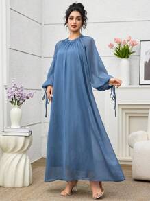 SHEIN Najma 长袖雪纺高领高腰超长连衣裙 - 藍色 - 查看 4