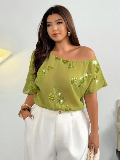 Firerie 大码女式花卉亮片蝙蝠袖短袖紧身衣