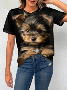 EMERY ROSE Plus Size Cute Dog 3D Animal Print Round Neck Short Sleeve T-Shirt, Summer